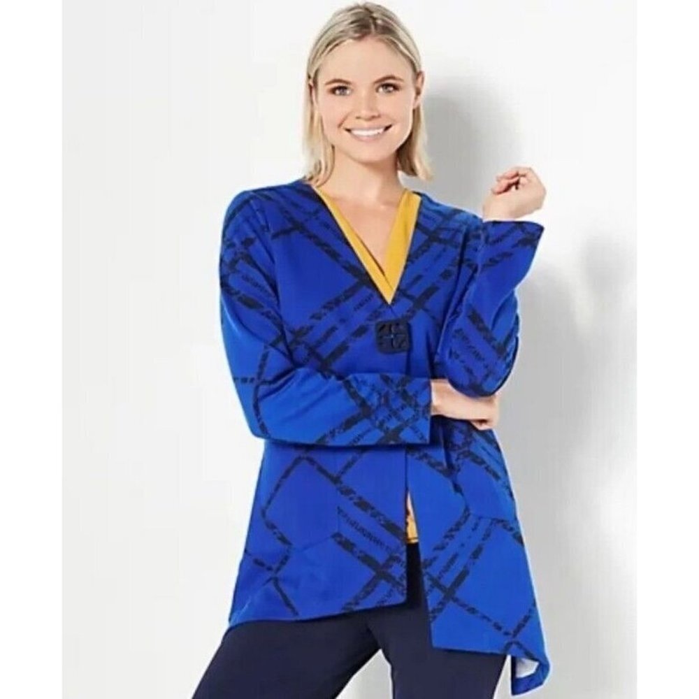 Truth + Style Printed Knit Asymmetrical Button Cardigan Cobalt Plaid,Large